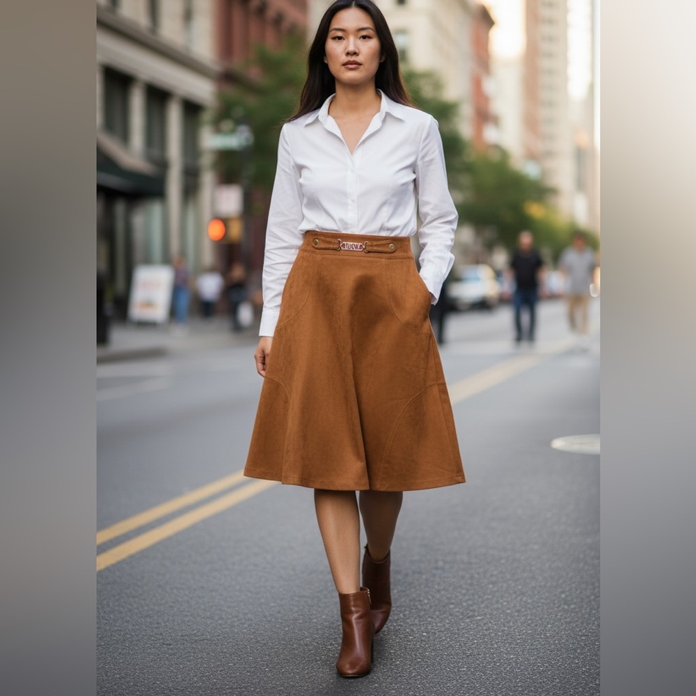 MNY Cognac Suede Skirt Minimalist Equestrian Western Old Money - Picture 13 of 13
